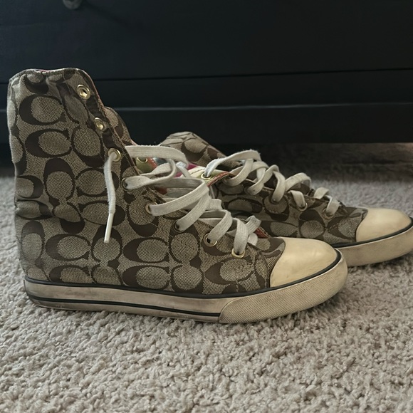 Coach high top Bonney multi color liner tan coach logo 6 1/2 M Sneaker rolldown - Picture 1 of 10